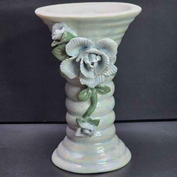 Vintage Iridescent Vase Pedestal Ceramic Glazed with Flower Applied 6'' Tall - Picture 1 of 8